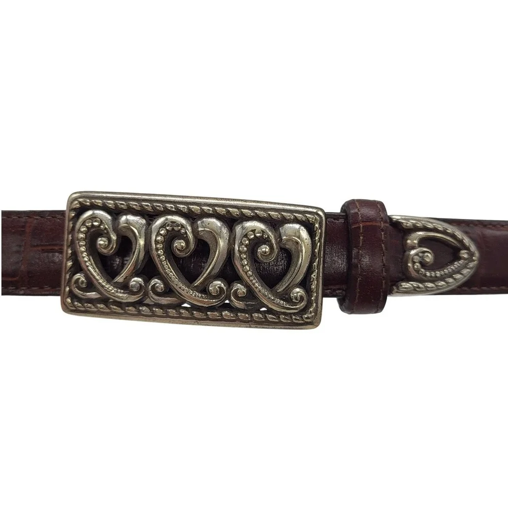 VTG Brighton Brown Leather Belt Silver Heart Buckle Croc Embossed Small‎ 28